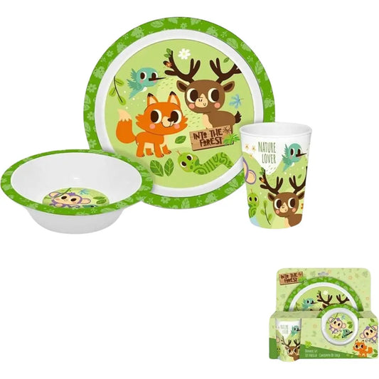Set plato + bol + vaso animales del bosque plástico set