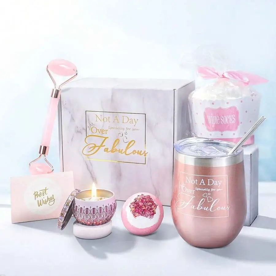 Set de Regalo Wellness Mujer: Taza Acero Inoxidable con Pajita Vela Aromática Bola Sal Baño Rodillo Jade y Calcetines