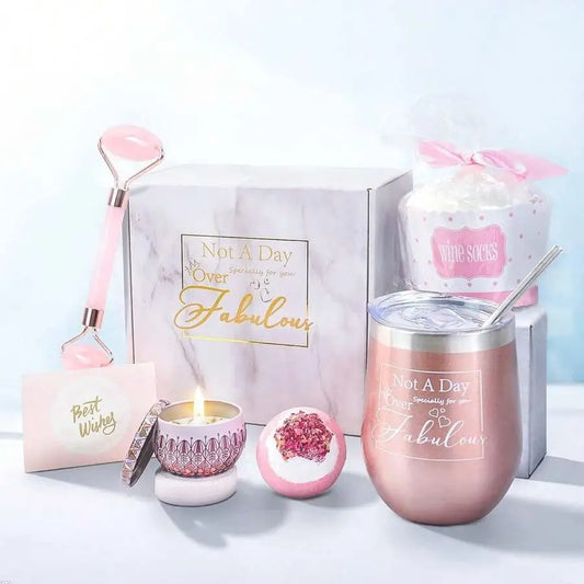 Set de Regalo Wellness Mujer: Taza Acero Inoxidable con Pajita Vela Aromática Bola Sal Baño Rodillo Jade y Calcetines