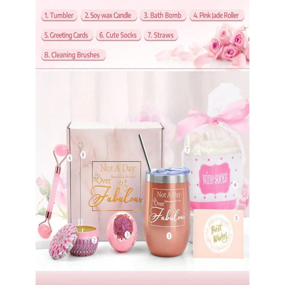 Set de Regalo Wellness Mujer: Taza Acero Inoxidable con Pajita Vela Aromática Bola Sal Baño Rodillo Jade y Calcetines