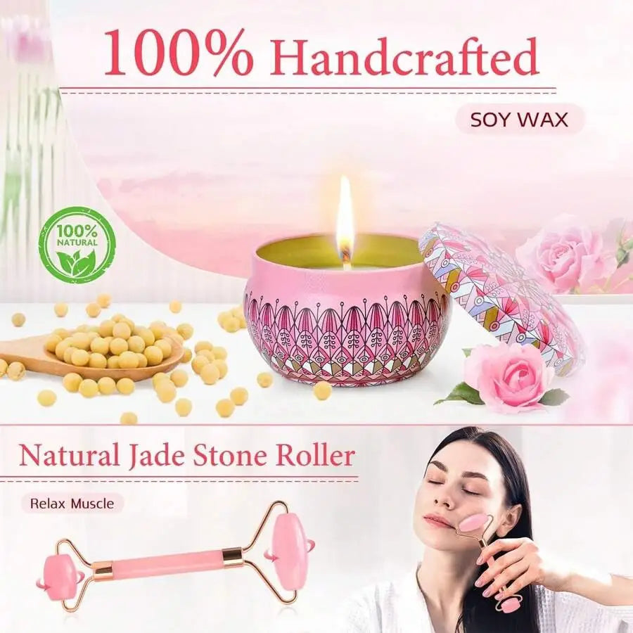 Set de Regalo Wellness Mujer: Taza Acero Inoxidable con Pajita Vela Aromática Bola Sal Baño Rodillo Jade y Calcetines