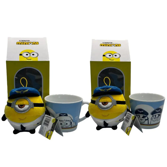 Taza cerámica 350ml con peluche de Minions piloto azul taza