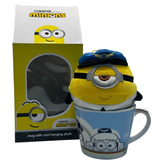 Taza cerámica 350ml con peluche de Minions piloto azul taza