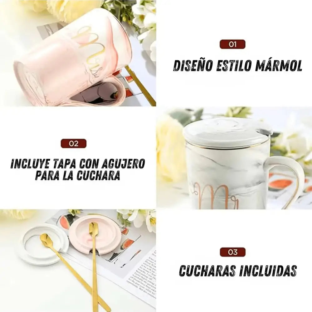 Tazas de cerámica diseño marmoleado para parejas set 2 con tapa y cuchara regalo original bodas aniversario tazas café