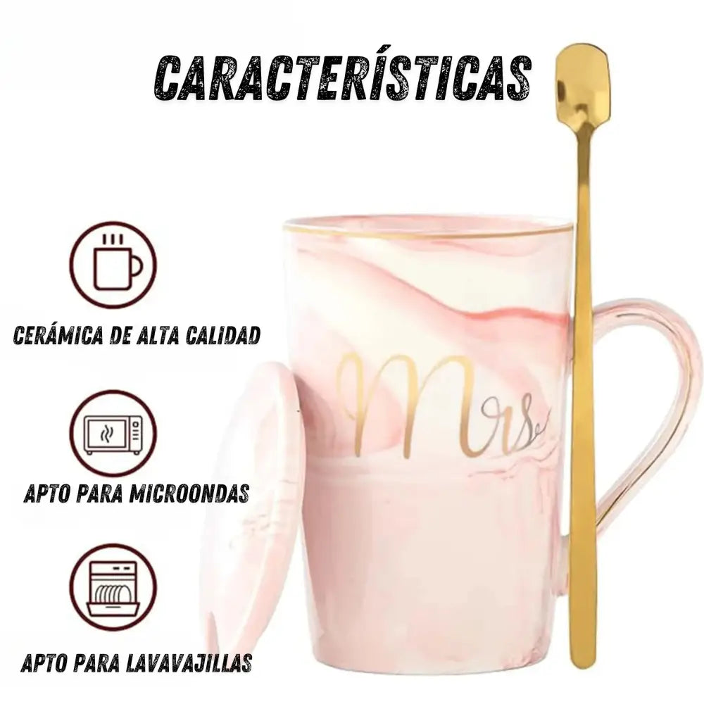 Tazas de cerámica diseño marmoleado para parejas set 2 con tapa y cuchara regalo original bodas aniversario tazas café