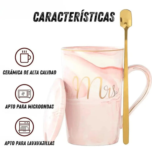 Tazas de cerámica diseño marmoleado para parejas set 2 con tapa y cuchara regalo original bodas aniversario tazas café