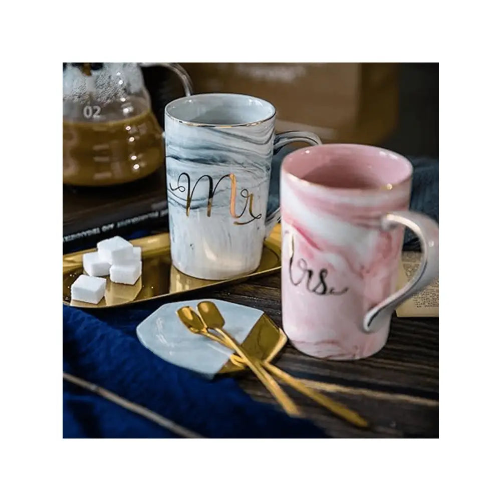 Tazas de cerámica diseño marmoleado para parejas set 2 con tapa y cuchara regalo original bodas aniversario tazas café