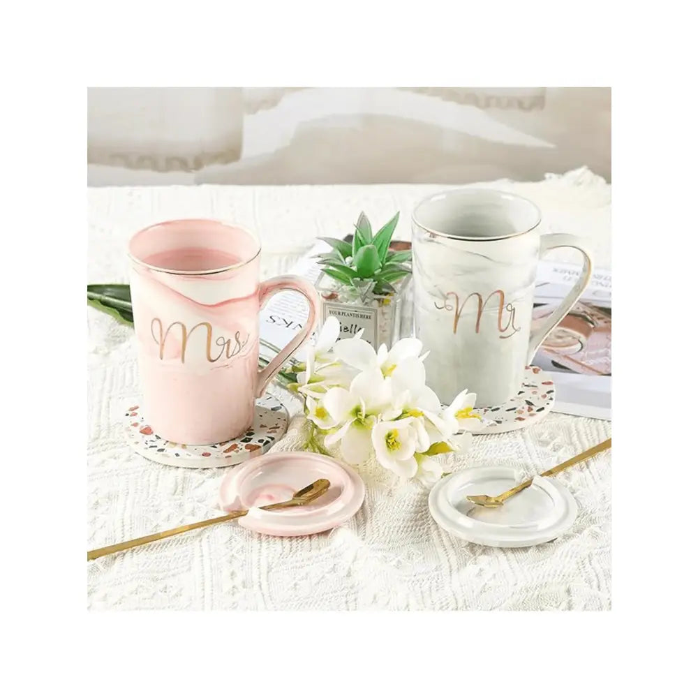Tazas de cerámica diseño marmoleado para parejas set 2 con tapa y cuchara regalo original bodas aniversario tazas café