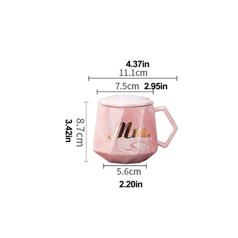 Tazas de Cerámica Mr y Mrs con Tapas Cucharas Juego 2 | Diseño Marmoleado para Parejas Regalo Original Boda Aniversario