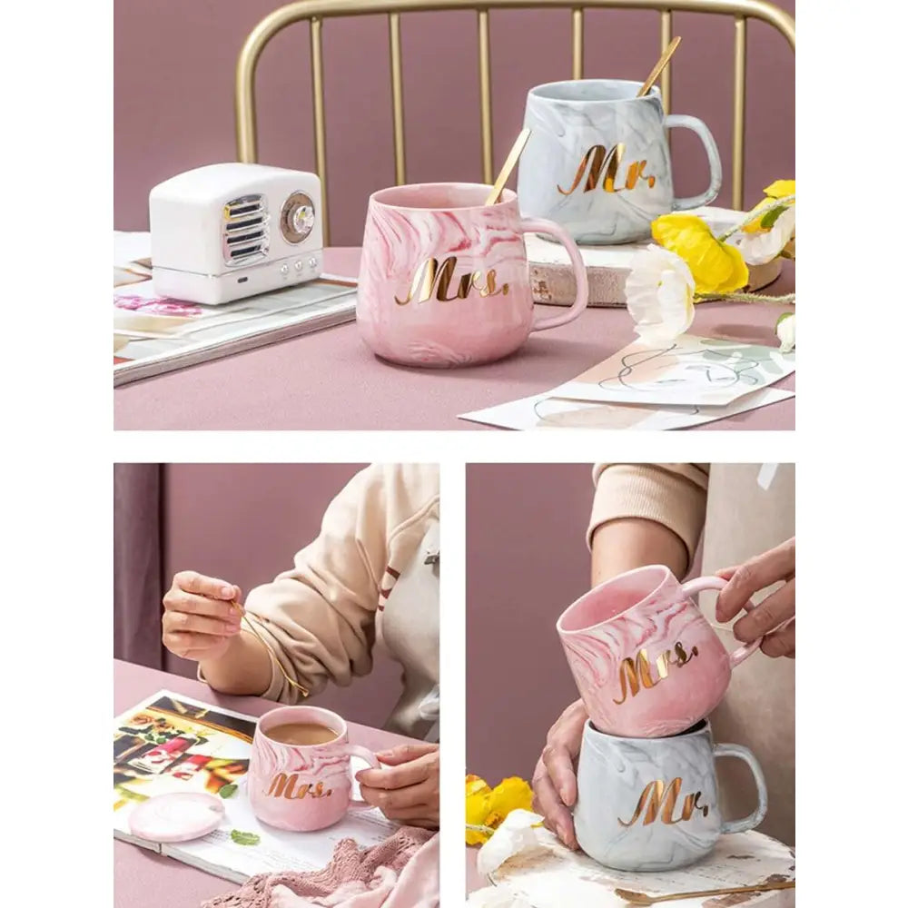 Tazas de Cerámica Mr y Mrs con Tapas Cucharas Juego 2 | Diseño Marmoleado para Parejas Regalo Original Boda Aniversario