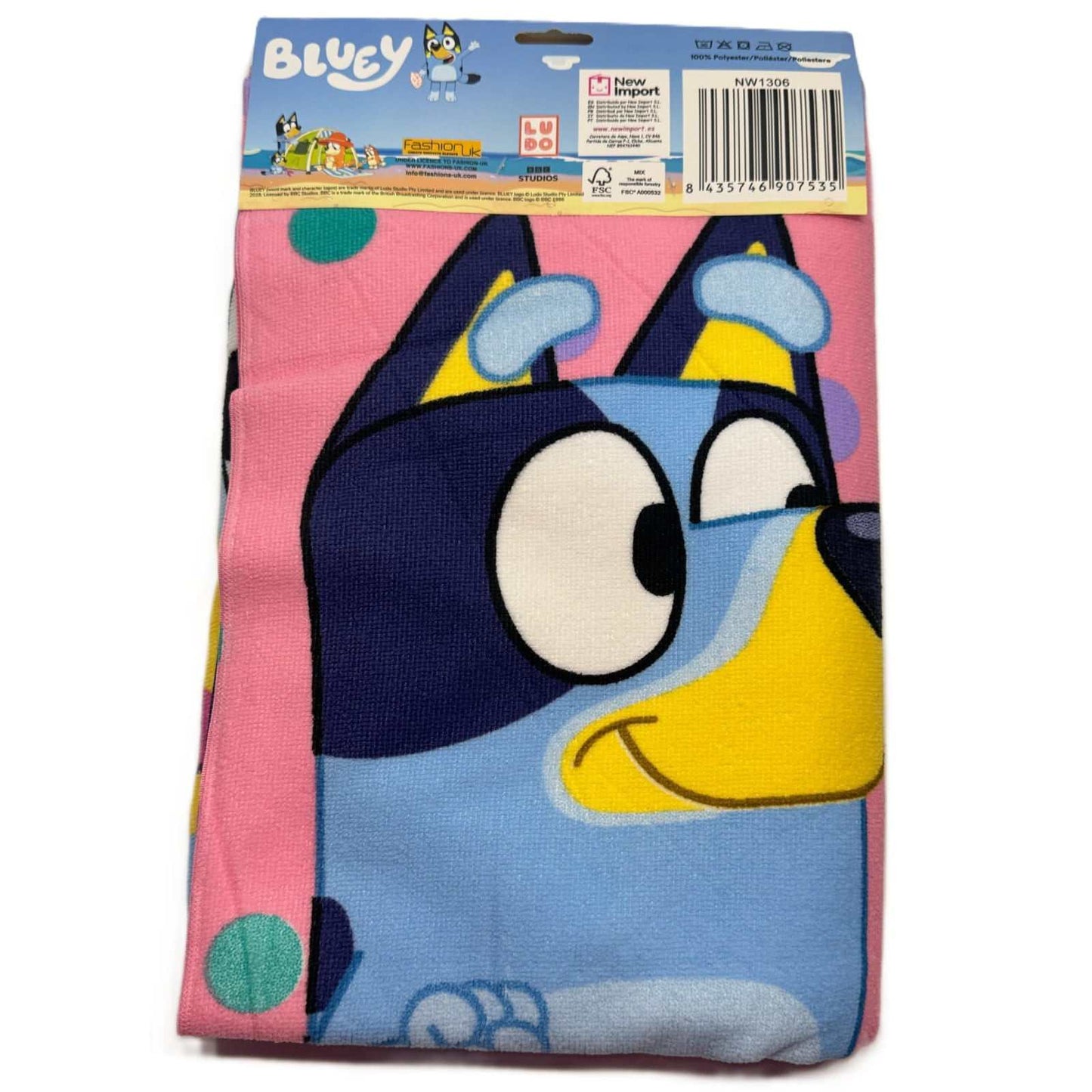 Toalla playa piscina infantil microfibra azul y rosa 70x140 cm con diseño Bluey
