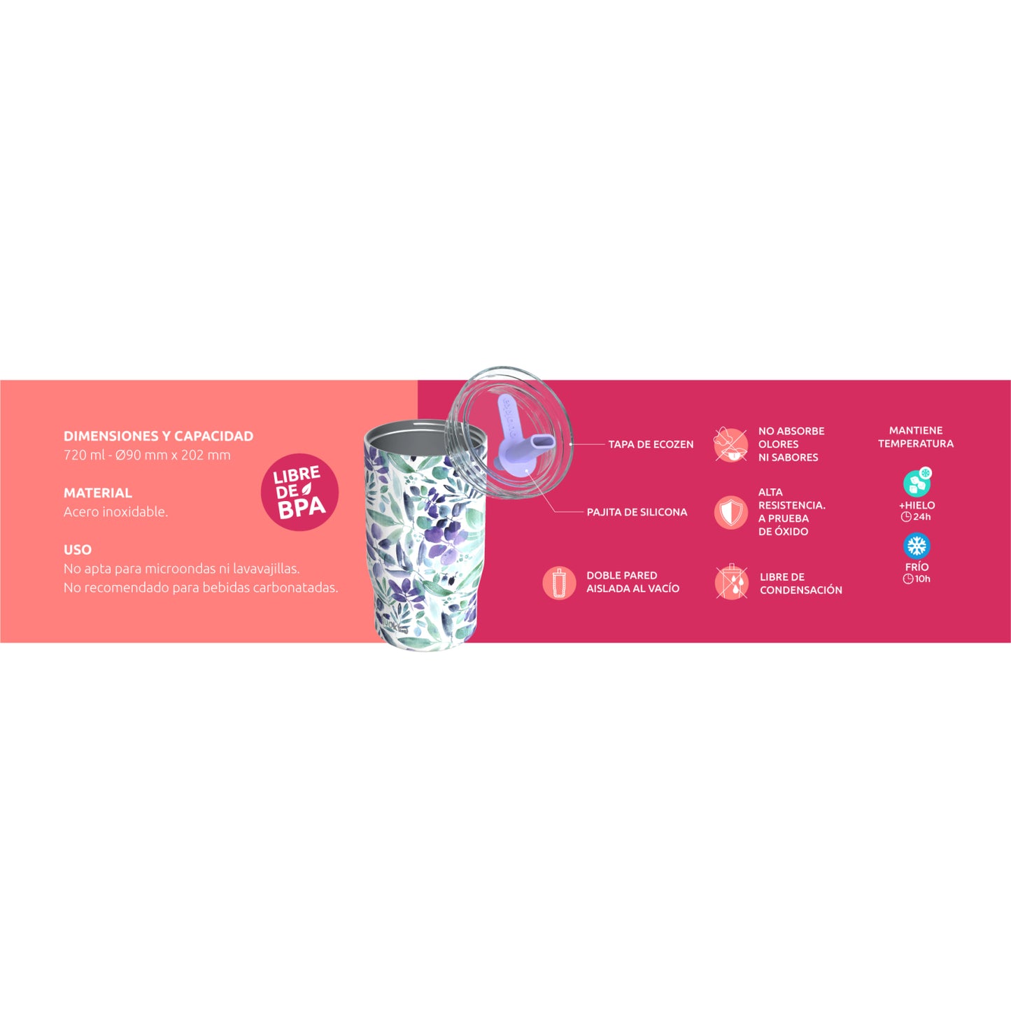 Vaso Térmico Acero Inoxidable QUOKKA MIST VIOLET BLOOMS 720ML