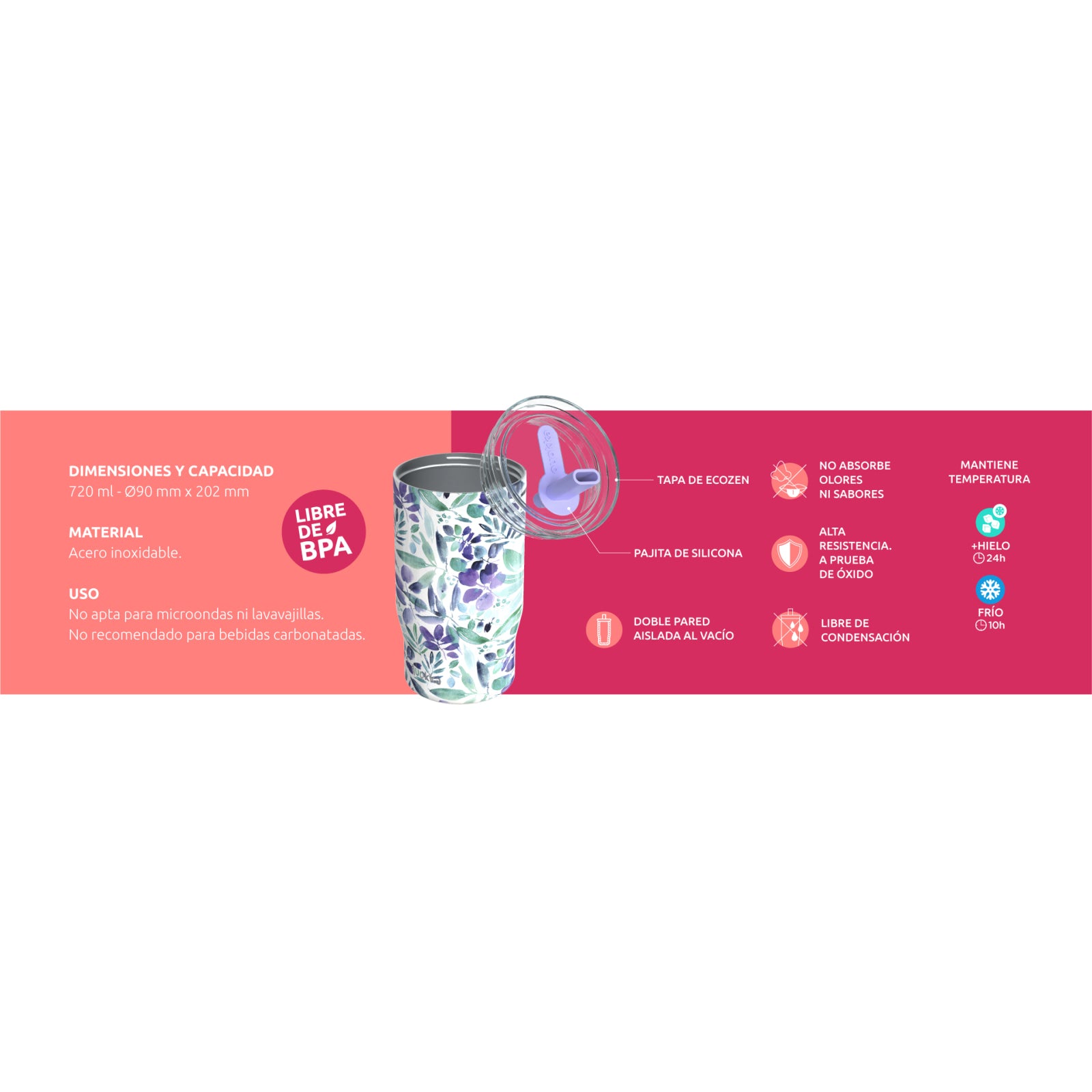 Vaso Térmico Acero Inoxidable QUOKKA MIST VIOLET BLOOMS 720ML