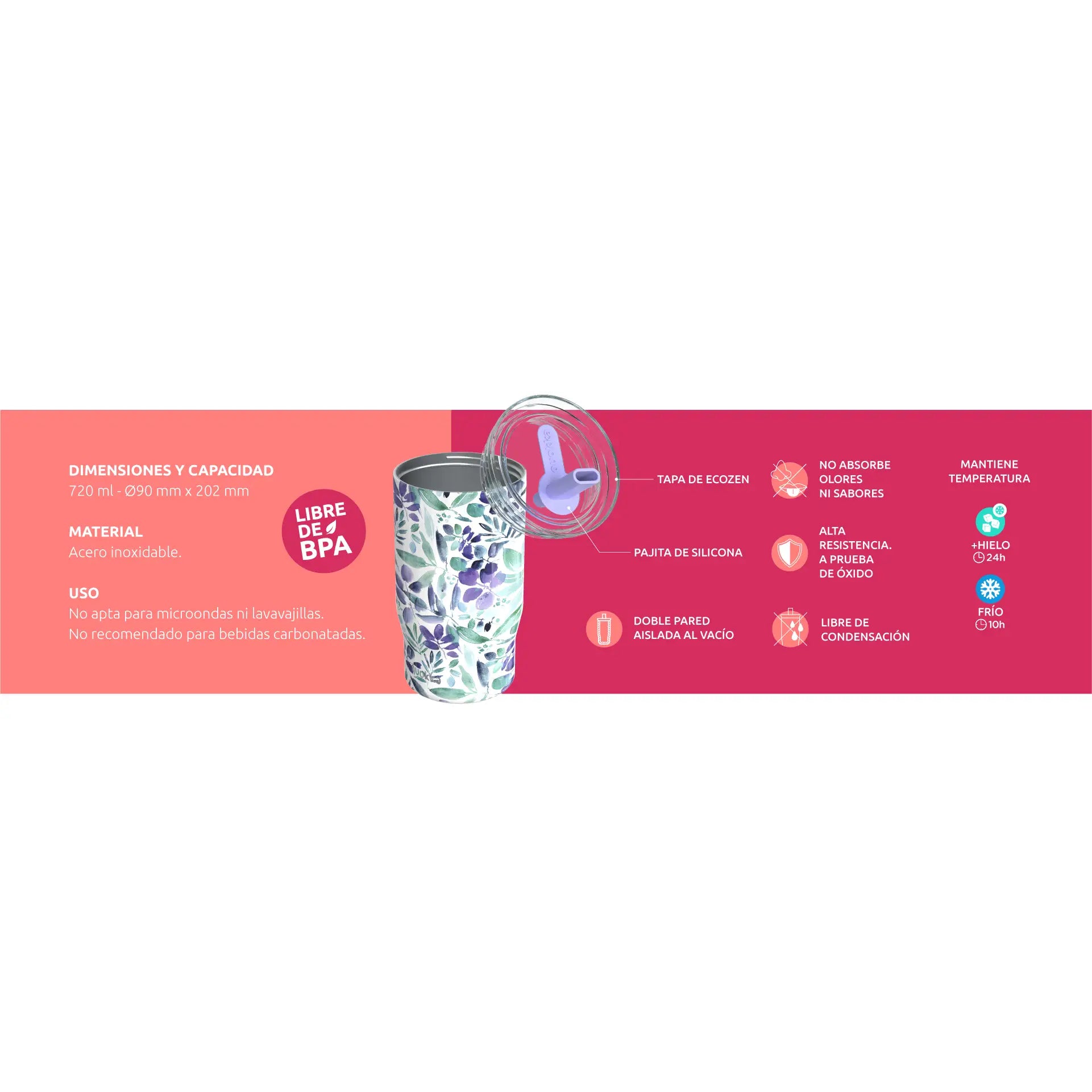 Vaso Térmico Acero Inoxidable QUOKKA MIST VIOLET BLOOMS 720ML