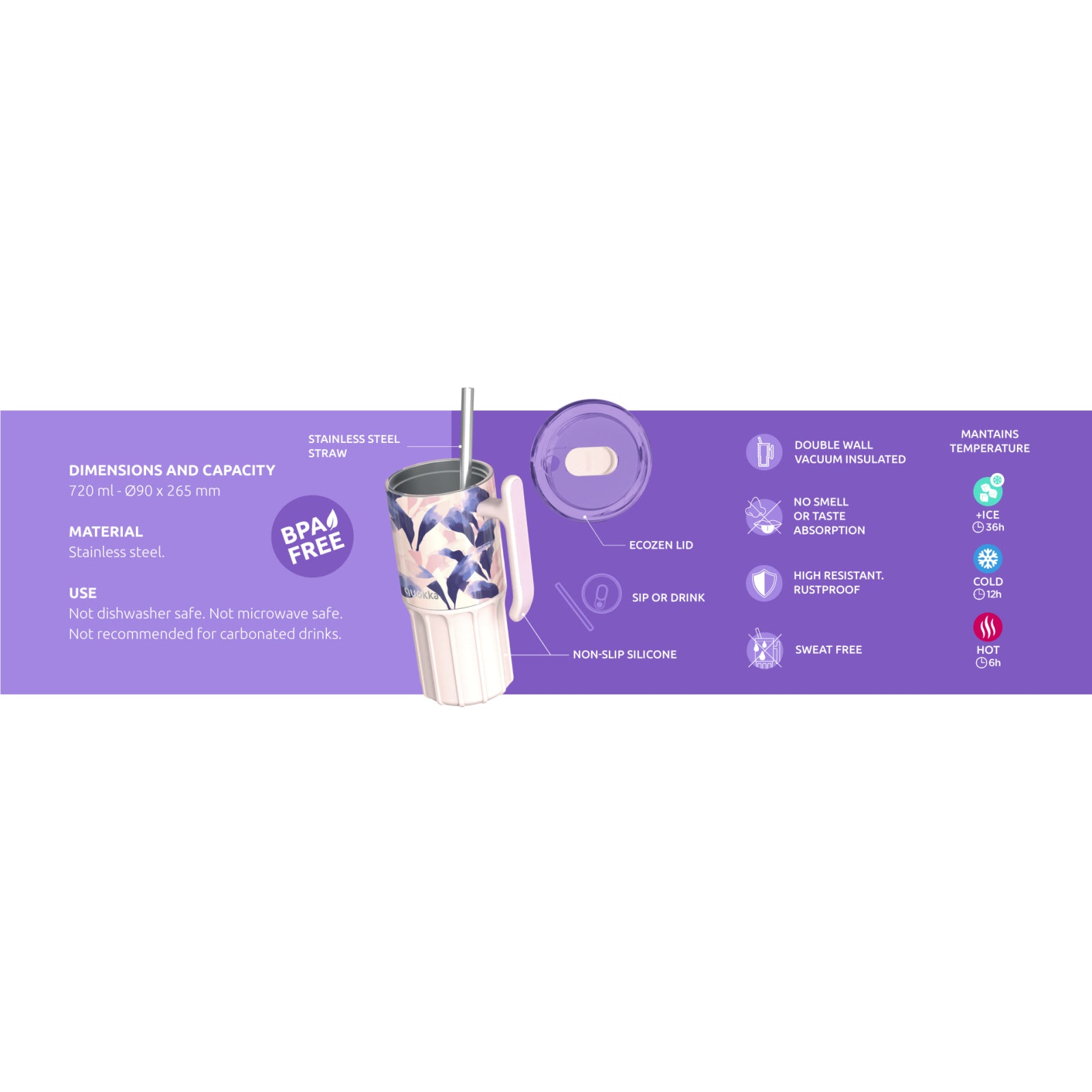 Vaso Térmico Acero Inoxidable QUOKKA UMI BLUE FEATHER 720ML con pajita